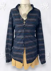 Perry Ellis Early 2000's Navy Blue Striped Soft Grunge Button Up Blouse M