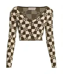 NWOT Rhode Ida Cropped Jacquard Top‎ Brown Cream Flattering Long Sleeve Womens S