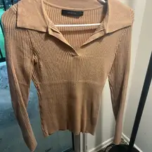 Tan Ribbed Fitted Polo Blouse