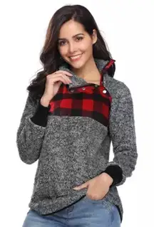 Fleece Gray Red‎ Checkered Sweater XL Cozy Gingham Sherpa Winter Holiday Cozy