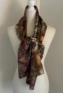 New York Studio Plum/Gold/Green Leaf Print Silk Scarf