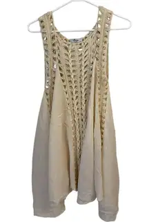 Dasayo Crochet Gauze Sleeveless Beach Cover Up Tunic Top Scoop Neck Beige OS