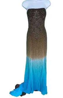 Jasz Couture Brown & Turquoise Beaded Prom Dress