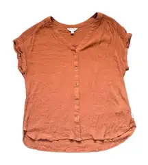 Orvis Women's Large Burnt Orange Rust Woven Crinkle Crape Button Front Blouse