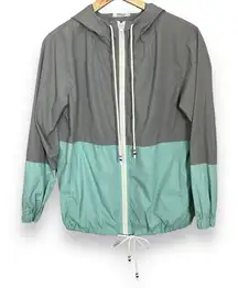 Lightweight Jacket Gray Teal Women Hood Small Polyester Windbreaker Color‎ Block
