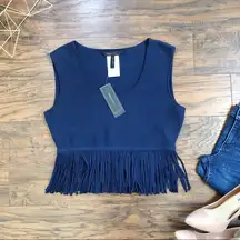 BCBGMaxAzria • Jaleigh fringe crop top sweater knit tank Dark Ink navy blue