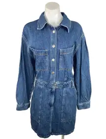 Mango MNG Blue Long Sleeve Knee Length Jean Chambray Denim Shirt Dress Size 10