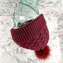 Vintage Mitchie's Maroon Wool Cable Knit Beanie Faux Fur Pom Pom