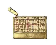 COACH Graffiti Poppy Gold Leather Canvas Coin Card Case w. Key Ring