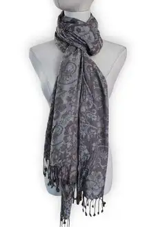 Grey Floral Fringe Scarf