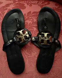 Tory Burch Black Leather Women's Sandals with Gold Logo