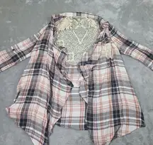 One World‎ Womens Cardigan Medium Plaid Lace Back Open Drape Front Waterfall