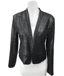 Lucy Paris Black Sequin Satin Open Front Long Sleeve Blazer Coat Jacket Size L