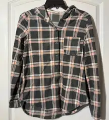 Ultra Flirt Plaid Button Down Fleece Hooded Shirt - Gray and Pink Size M
