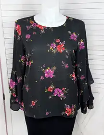 Worthington Floral Tiered Ruffle Bell Sleeve Blouse Black Pink Large