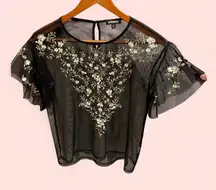 Cute sheer mesh whimsigoth ruffle sleeve floral embroidered top Express