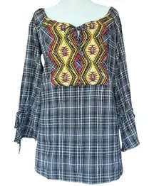 Ivy Jane Black and White Plaid Yellow Red Embroidery Tunic Sz M‎