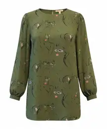 HUTCH Twiggy Dress Olive Green Pampered Faces Chiffon Novelty Print Medium Fairy
