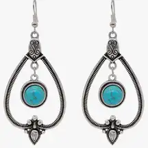 Etched Silver Open Teardrop with Turquoise Stones Boho Dangle Drop Earrings