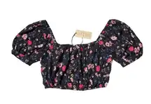 Pink/Purple Floral Print Elastic Button Cropped Top Sz M Women