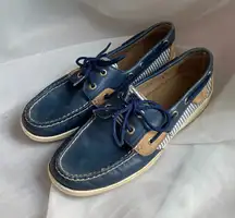 Sperry Top Sider Original Striped Blue Leather Boat Shoes 8.5 Nautical Heritage
