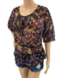 Fire Los Angeles MEDIUM Sheer Black Floral Lace Peasant Top Blouse 1/2 Sleeve