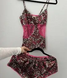 Flora Nikrooz Pink brown lace leopard print nighty lingerie Set