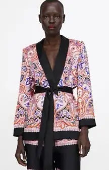 Zara Paisley Kimono Blazer Boho Luxe Silky Jacket Black‎ Trim Statement Piece