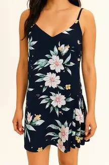 FRNCH Navy‎ Blue Floral Spaghetti Strap Dress Large Lined Pleated Shift