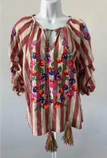 See And Be Seen Linen Bl Red Stripe Floral Embroidered Boho Top, Sz: Small (B51)