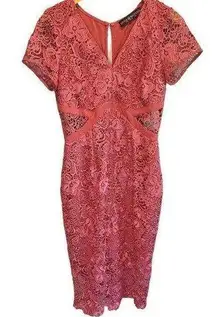 Little Mistress Rose Pink Floral Lace Short Sleeve Midi Dress - size 6