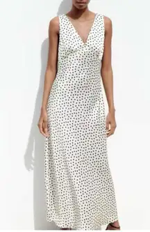 Zara Polka Dot Satin Slip Maxi Dress Size Medium Cream Black