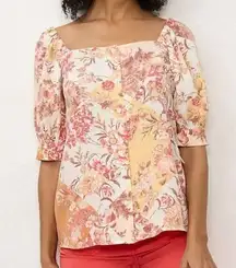 LC LAUREN CONRAD Puff Sleeve Square Neck Top Cream Ivory Pink Floral Patchwork S