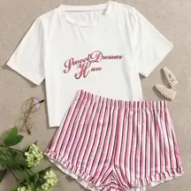 SheIn Slogan And Stripe Print Pajama Set