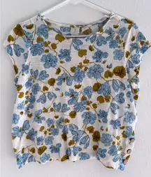 Joie Shirt Womens Large Cream Blue Linen Floral‎ Boho Beachy Coastal Resort
