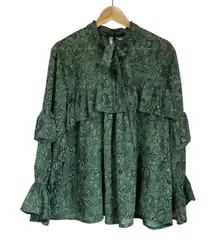 Lucky Brand Blouse 2X Green Paisley Ruffle Sleeve Boho Peasant Top Flowy