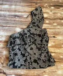 Zara | Floral Gingham Embroidered Ruffle One Shoulder | Medium