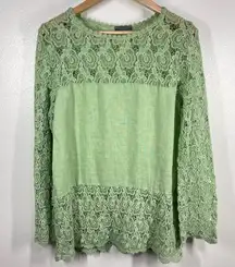 Piazza Del Tempo Lace Top Linen Blend Long Sleeve Crochet Detail Green Blouse XL
