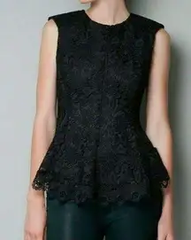 Lace Front Sleeveless Blouse Black Crochet Fit-And-Flare A-Line Tank Top XS