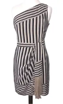 BGBG MAXAZRIA Stevie Silk One Shoulder Striped Fringe Sash Dress Medium NWT