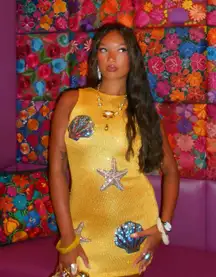 Ego official sleeveless sequin shell detail mini dress in yellow