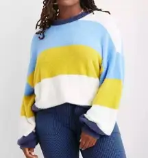 Size XL Flurry Crew Neck Fuzzy Sweater Oversized Blue Yellow Striped NEW