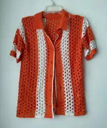 Orange & White Open Knit Crochet Shirt & Short 2pc Coord Set S