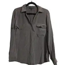 NWT Eileen Fisher Gray Silk Long Sleeve Button Front Blouse Tab Sleeves Size XS