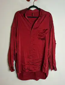 Skims deep red silk oversized pajama tunic shirt