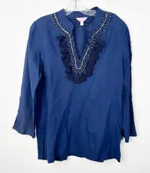 LILLY PULITZER | 100% Linen Navy Blue Tassel Amelia Island Tunic Top Sz. Medium