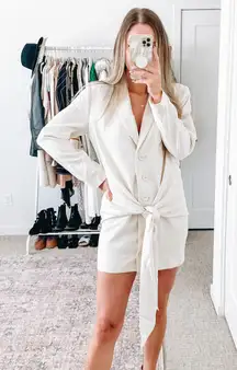 L'Academie  Revolve Neutral Cream Front Tie Blazer Mini Dress