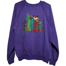 VTG Laurel Burch Pullover Sweatshirt Felines in the Forest Crewneck Purple XL