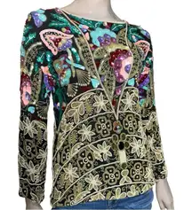 Saks Fifth Avenue Vintage Sz S Black Silk Floral Motif Sequin Beaded Top Blouse