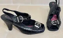 Gretta faux leather croc embossed sling back peep toe heels black size 6